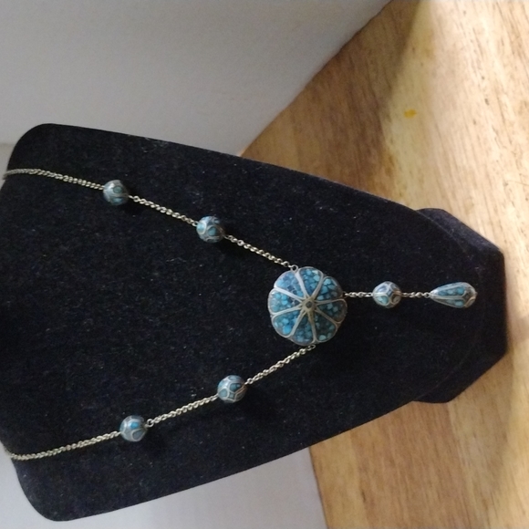 VINTAGE TURQUOISE MOSAIC INLAY  NECKLACE - Picture 1 of 8